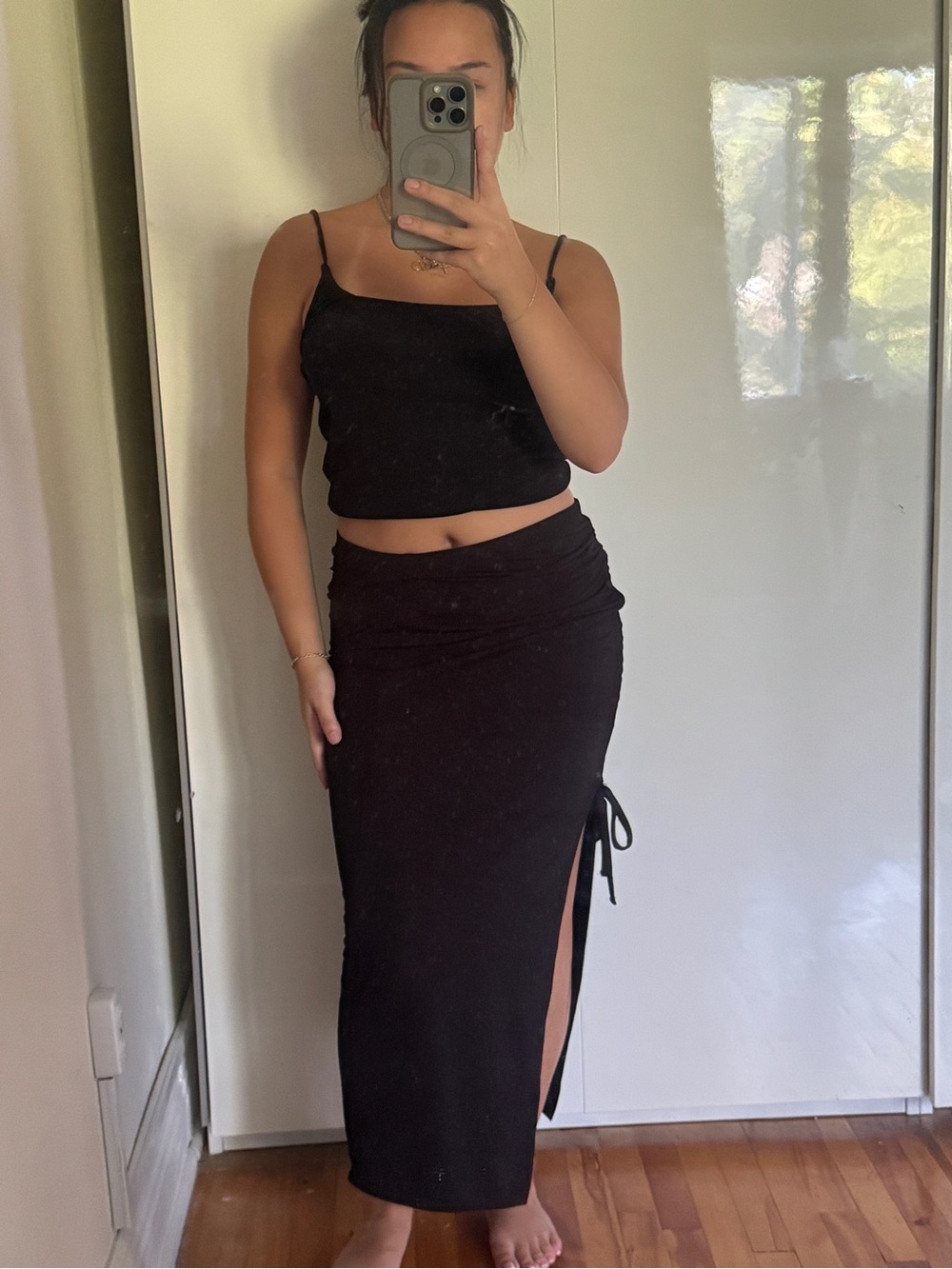 Nasty Gal Black Side-Ruched Maxi Skirt with High Slit